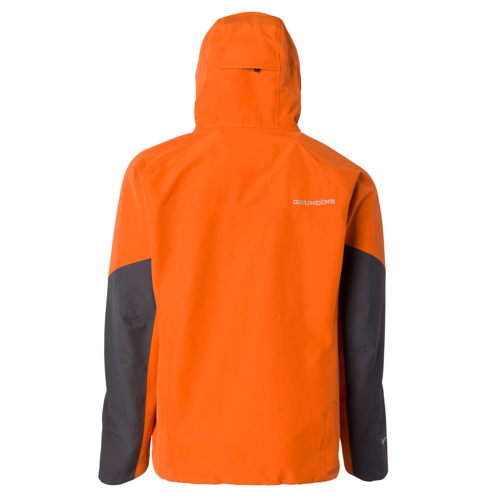 Orange and gray GORE-TEX® jacket with a hood, featuring a logo on the back.