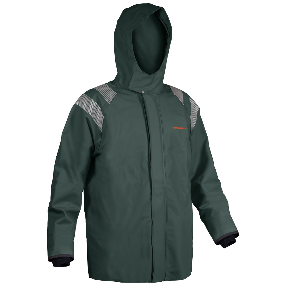 Green waterproof jacket with a hood and reflective accents on the shoulders.