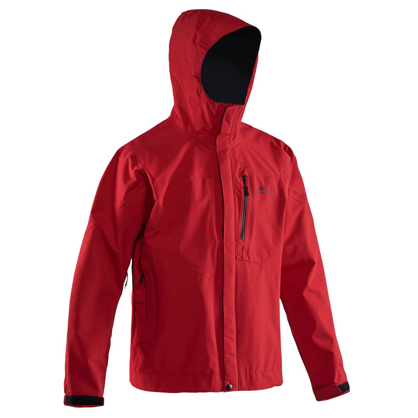 Red sport fishing jacket with a hood, front zipper, and multiple pockets.