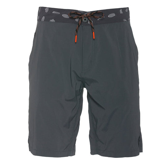 Gray boardshorts with a patterned waistband and adjustable drawstring.