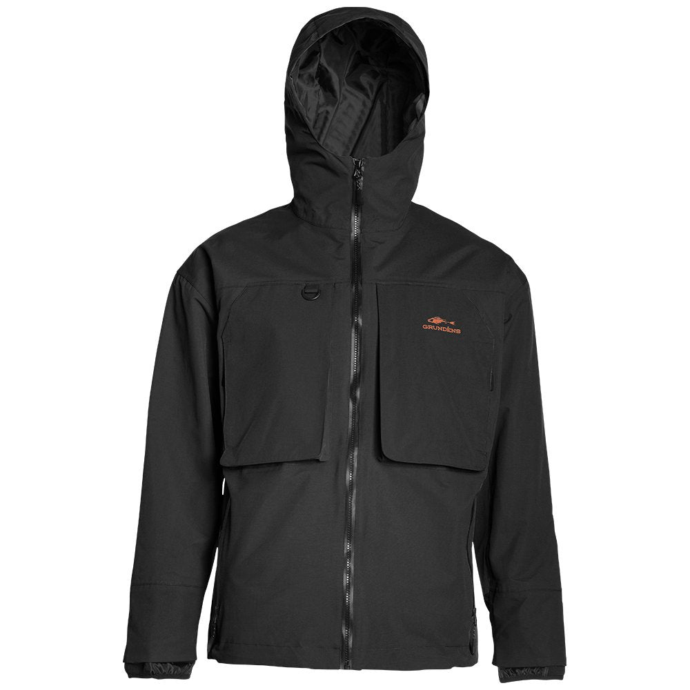 Black jacket with a hood, front zipper, and two large chest pockets.