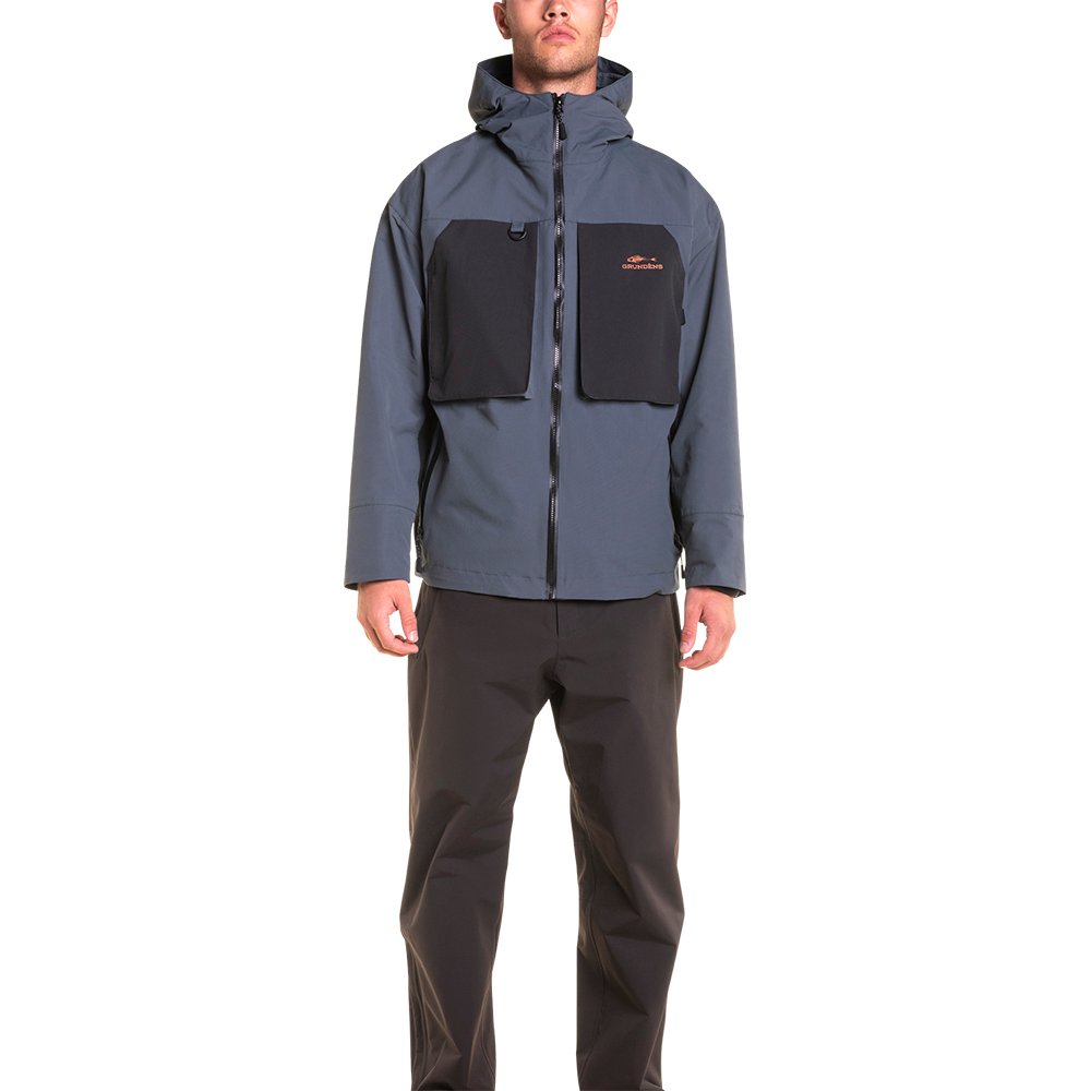 Men's gray jacket with a hood, featuring two large black front pockets and a zip closure.