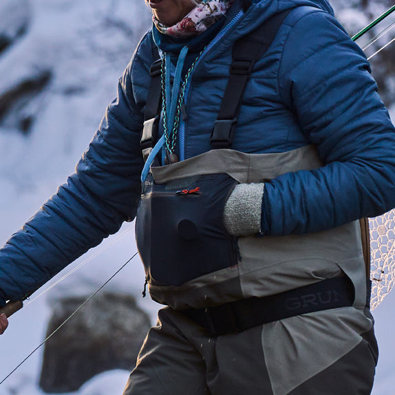Fleece lined chest pass through hand warmer pocket.