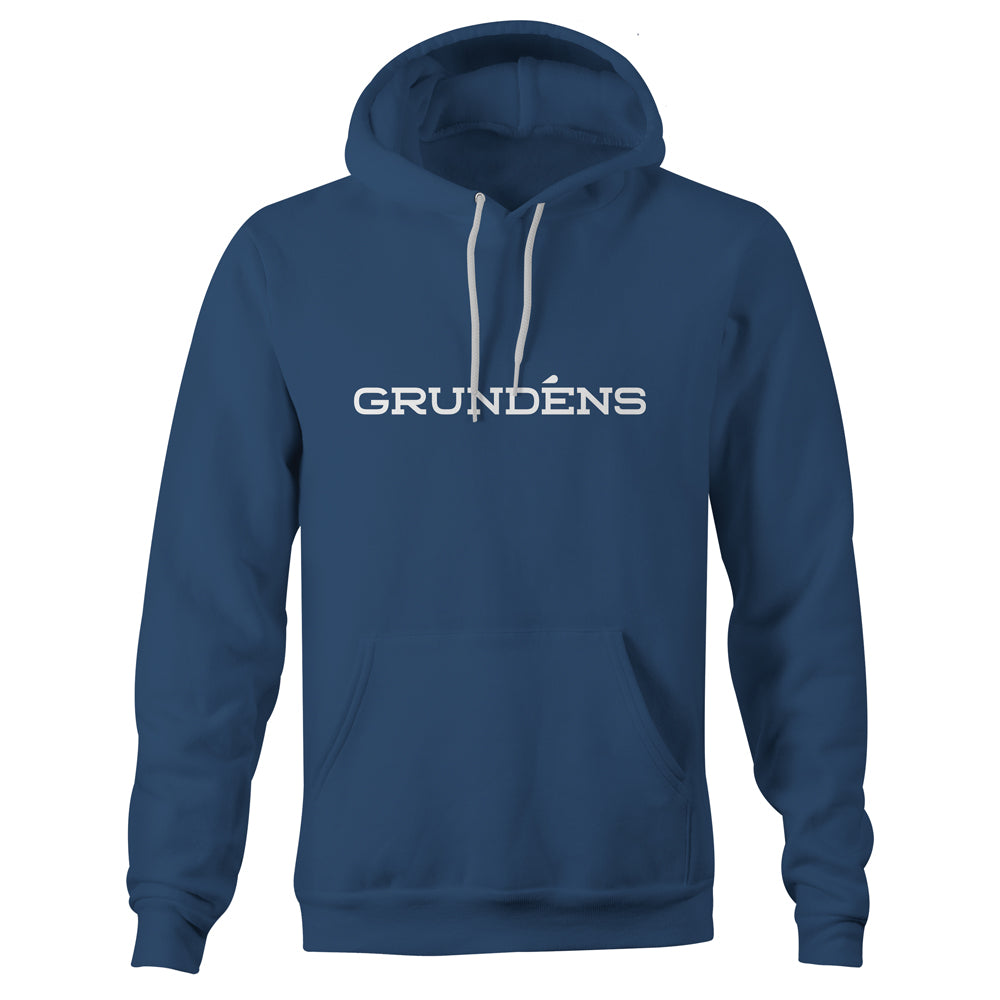 Navy blue hoodie featuring a white "GRUNDÉNS" wordmark across the front and a front pocket.