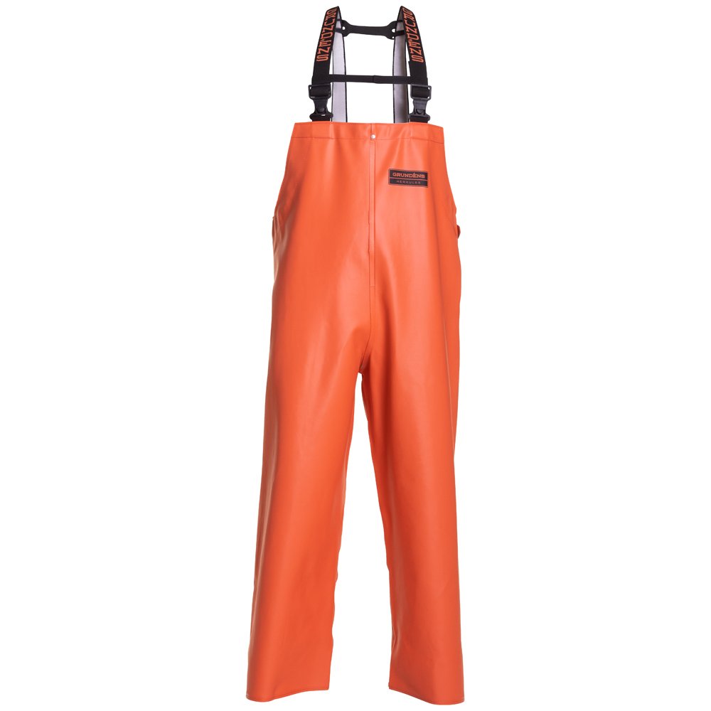 Orange waterproof bib overalls with adjustable straps and a front pocket.